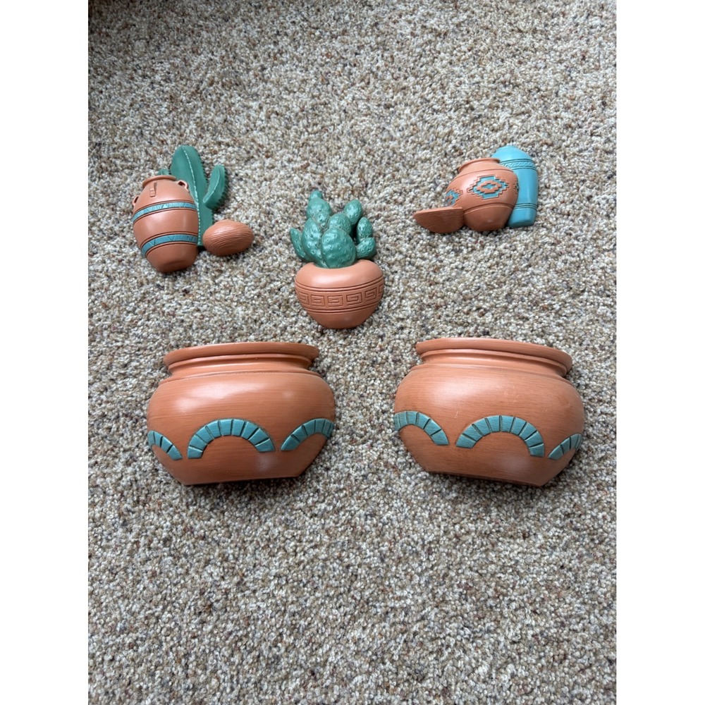 Vtg Southwestern Terracotta Wall Pockets & Cacti Decor Set 5pc Turquoise 90s